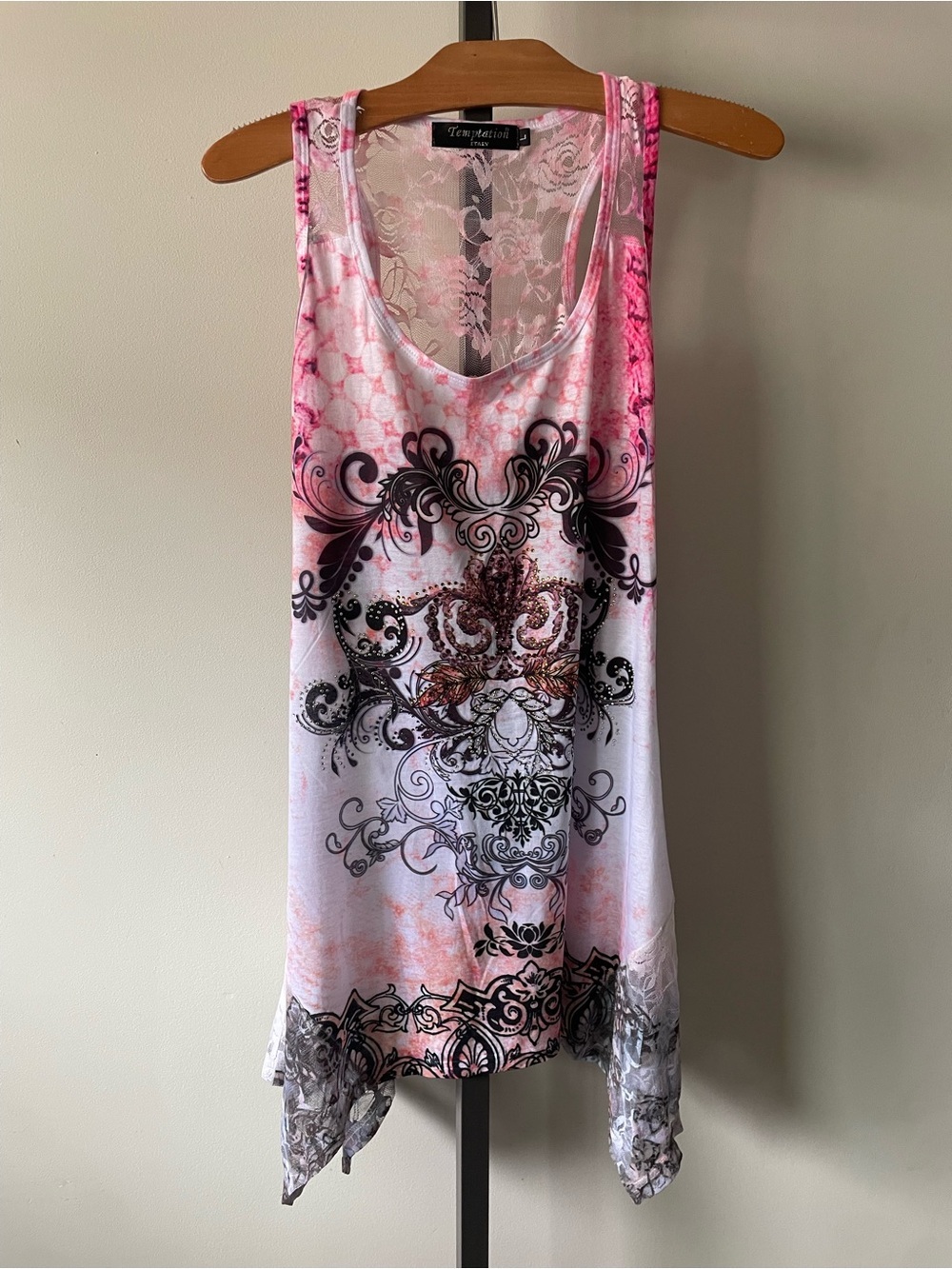 Temptation Italy Lace Rhinestone Pink Sharkbite Tank Top Tunic Y2K 2000s Mcbling